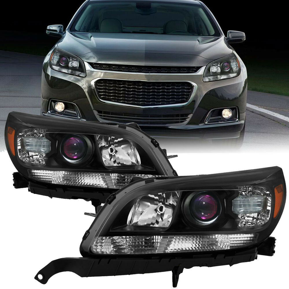 NEW Halogen Projector Headlights Assembly For 2013 2014 2015 Chevy Malibu Black Lab Work Auto