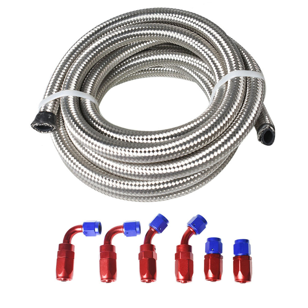 labwork Universal Oil Fuel Line Hose 10 Ft 6 AN double Stainless Steel Braided w/ 6 Pcs Swivel Fitting Hose Ends Adapter Kit, Blue & Red Lab Work Auto 