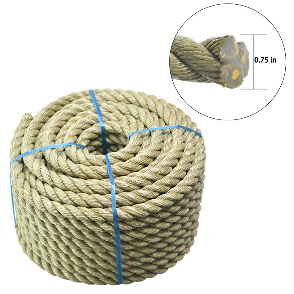 labwork Polypropylene Rope 3/4 in x 100 ft 3 Strand Tan Manila Style Rope for Indoor Outdoor Camping Swing