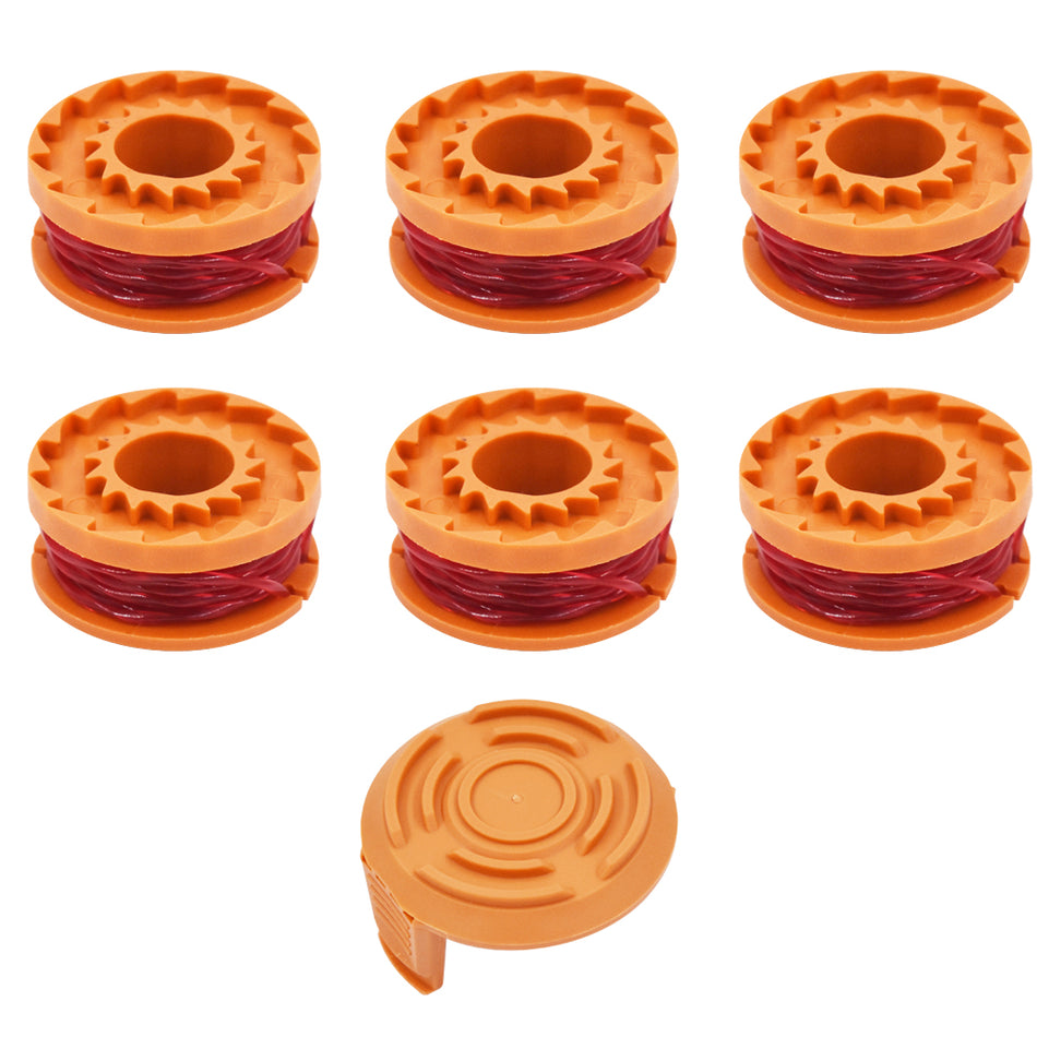6 Pack WA0010 Trimmer String Replacement for 0.065 for Worx WG154 WG163 WG160 WG180 WG175 WG155 WG151 String Trimmer (6 Spools + 1 Caps)