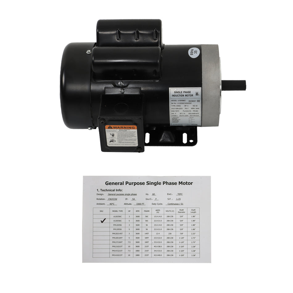 5HP Electric Motor 3450RPM Air Compressor Motor Single Phase 208-230V 5/8"Shaft
