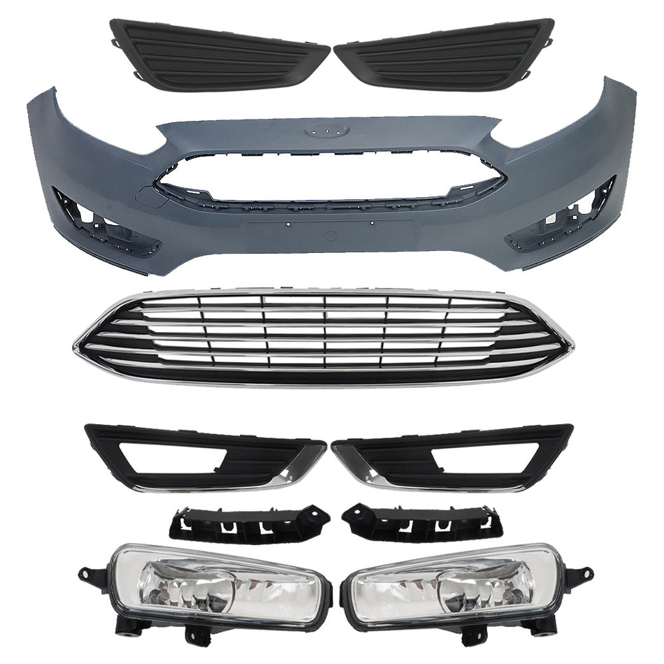 Labwork Fog Light (Cover)&Front Bumper Cover+Upper Grille For 2015-18 Ford Focus
