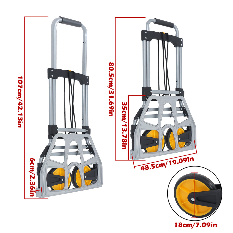 Foldable Hand Dolly Cart Alloy Steel 264Lb Capacity W/ 7" Wheels & Elastic Rope