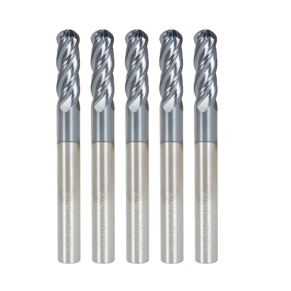 5 PCS 1/4" 4 Flute Ball Nose Carbide End Mill 2-1/2" Overall Length -TIALN COATE