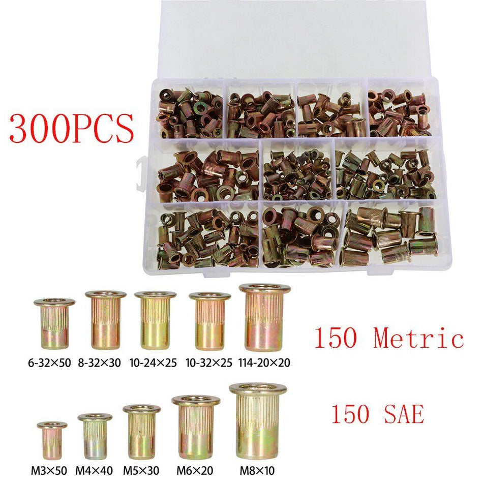 Zinc Steel Rivet Nut Kit  Rivnut 300Pack Nutsert Assort 150Pcs Metric+150Pcs SAE