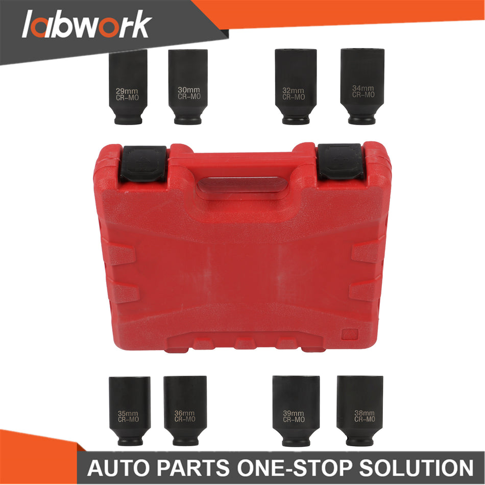 Labwork 8PCS 1/2" Drive Deep Spindle Axle Nut Impact Socket Set 29-39mm 12 Point