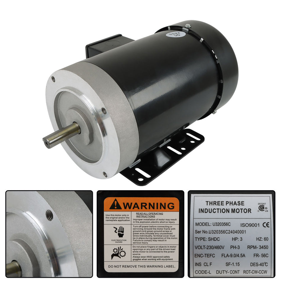 60HZ 3HP 3450RPM General Purpose Three Phase Motor 230V/460V CW/CCW TEFC 2Pole