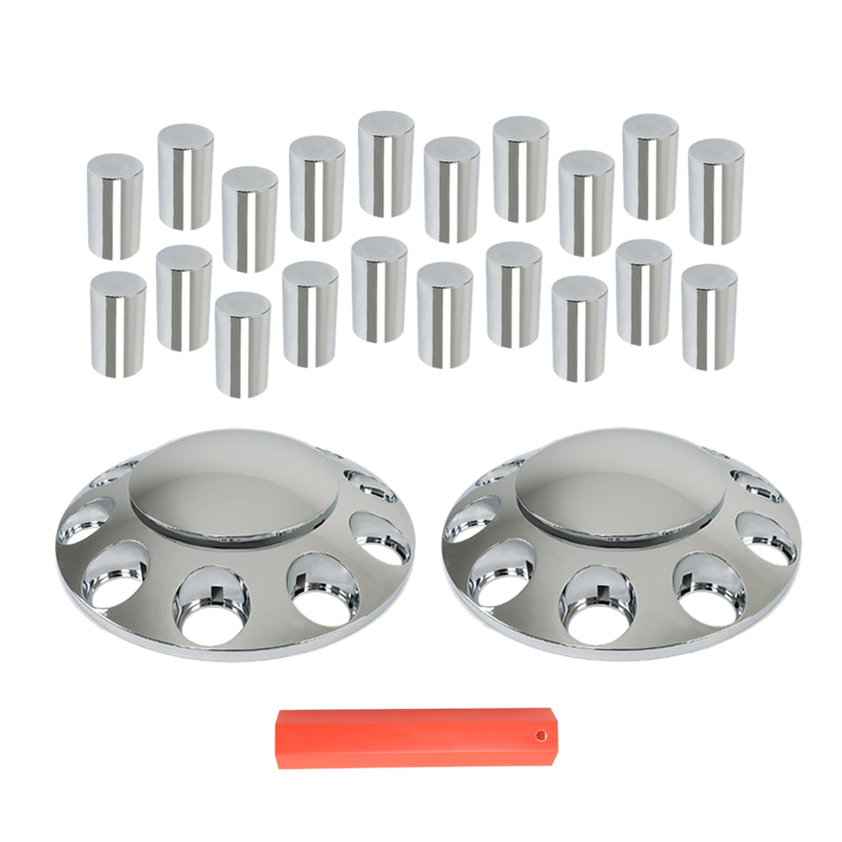 Chrome Semi Truck Front Axle Cover Hub Cap Thread-On w/ 33mm Lug Nuts Set of 2