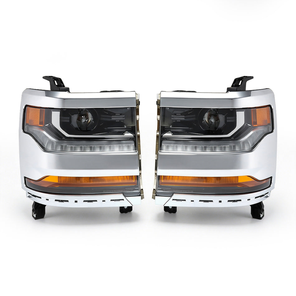 Headlight Assembly Chrome Housing Replacement for Silverado 1500 2016-2018 HID with DRL Passenger Side and Driver Side 84388723 84356947