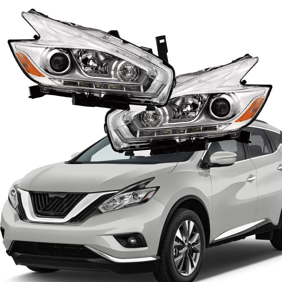 Labwork LH+RH Headlight For 2015-2018 Nissan Murano Halogen LED DRL Full Chrome
