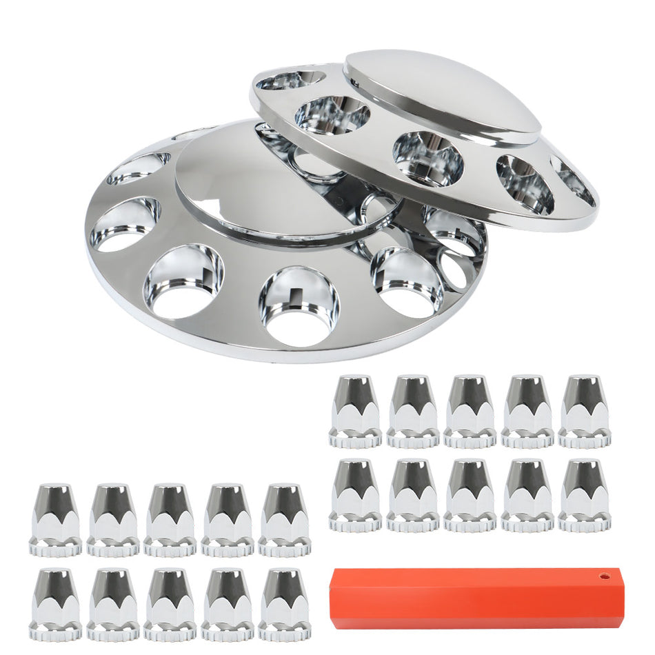 Chrome Front Axle Wheel Cover with Hub Cap 33mm Lug Nuts for Semi Truck Set of 2
