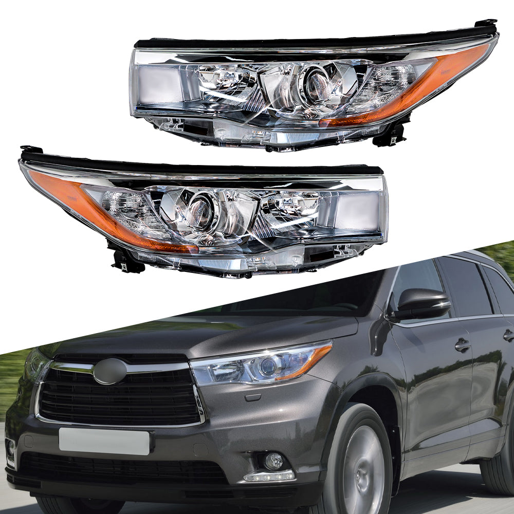 Driver & Passenger For 2014-2016 Toyota Highlander Headlight Halogen Chrome Clear