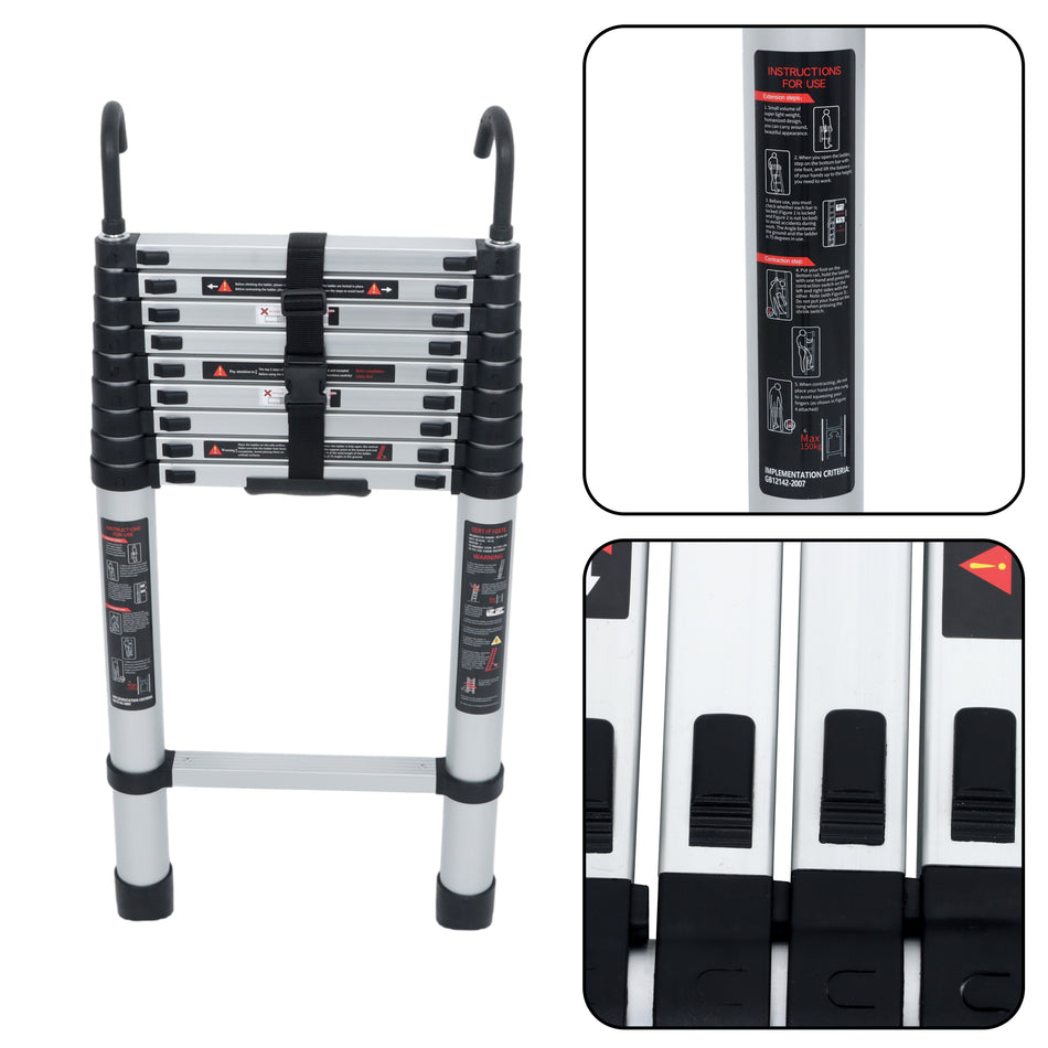 12.5 FT Collapsible Telescopic Extension Ladders Aluminum With Hooks 330lbs
