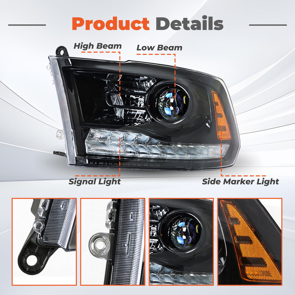labwork Pair Black Projector Headlights w/DRL for Ram 1500 2500 3500 2013-2018 Not Dual Quad Beam