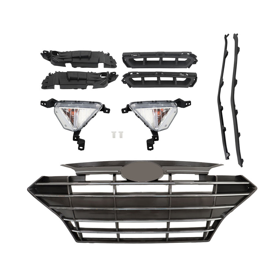 Labwork Front Grille W/ Fog Lights Bracket Molding Set For 19-20 Hyundai Elantra