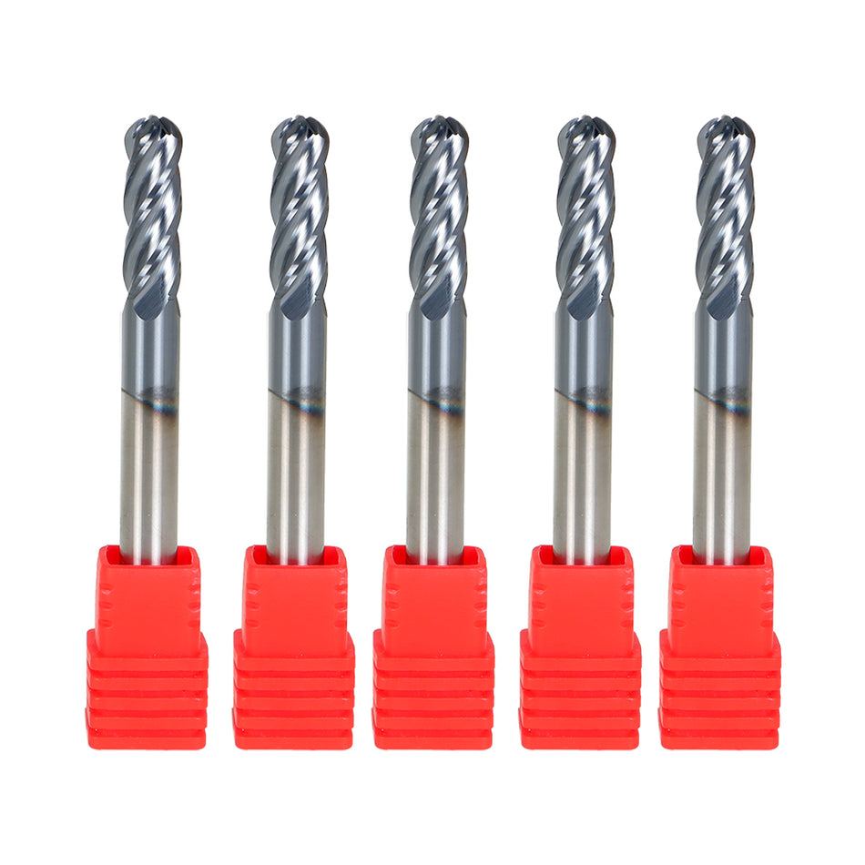 5 PCS 1/4" 4 Flute Ball Nose Carbide End Mill 2-1/2" Overall Length -TIALN COATE