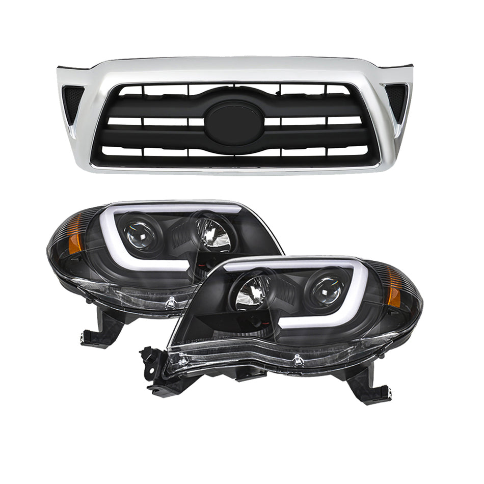 For 05-11 Toyota Tacoma Set Chrome Black Housing Headlights Front Bumper Grille