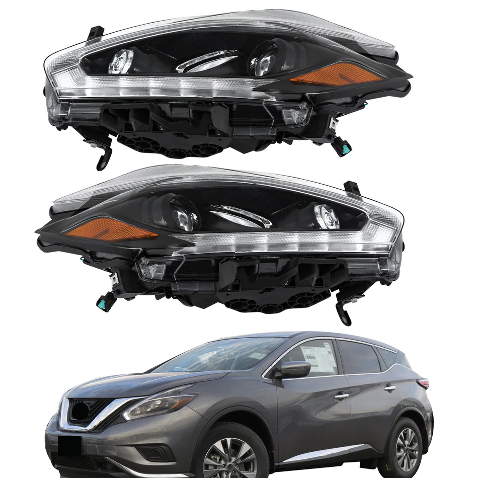 Labwork Left&Right Headlights For 2018 Nissan Murano Black Housing w/ LED DRL