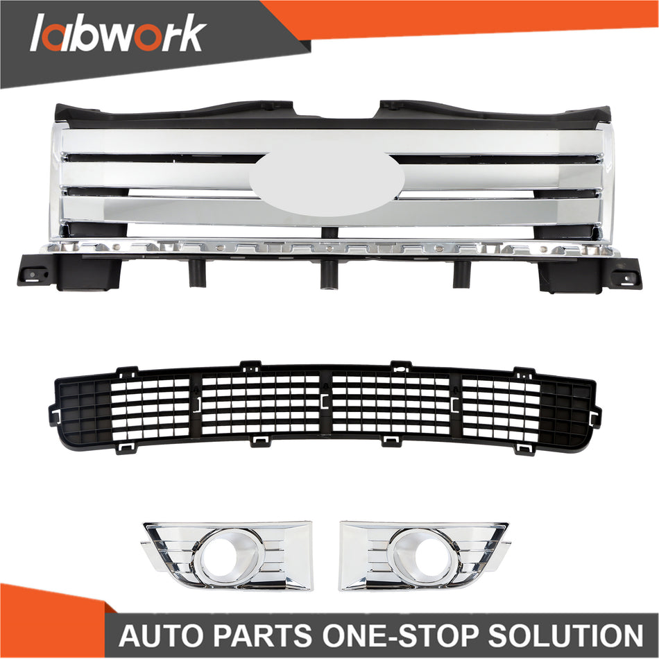 Labwork Bumper Grille Assembly + 1 Pair Fog Lamp Molding For Ford Edge 2007-2010