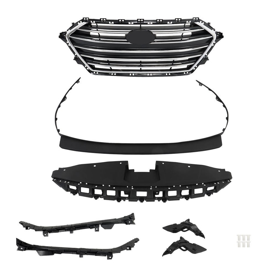 Labwork Grille+Radiator Cover+Bumper Lid+4 Bracket For Hyundai Elantra 2017-2018