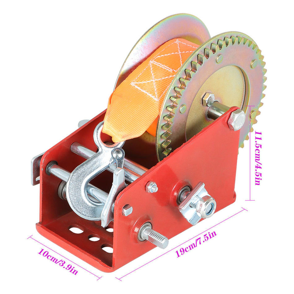 Red Hand Winch Hand Crank 2 Gear Red Strap ATV Trailer Boat - 3500LBS