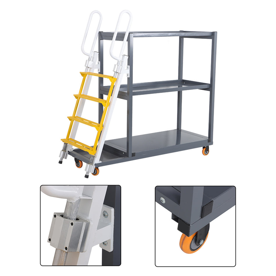 3 Shelf 4 Step Picking Ladder Cart Aluminum Warehouse Picking Ladder Cart