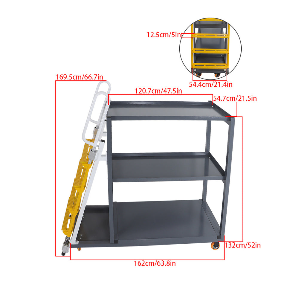 3 Shelf 4 Step Picking Ladder Cart Aluminum Warehouse Picking Ladder Cart