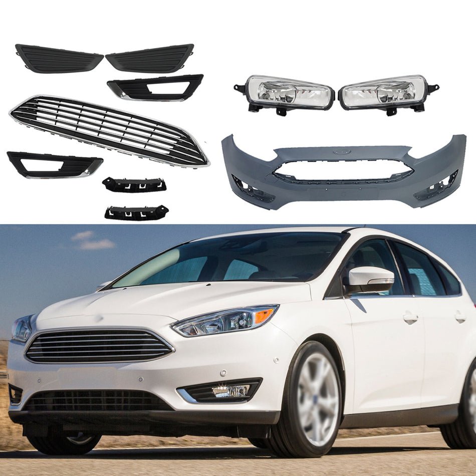 Labwork Fog Light (Cover)&Front Bumper Cover+Upper Grille For 2015-18 Ford Focus