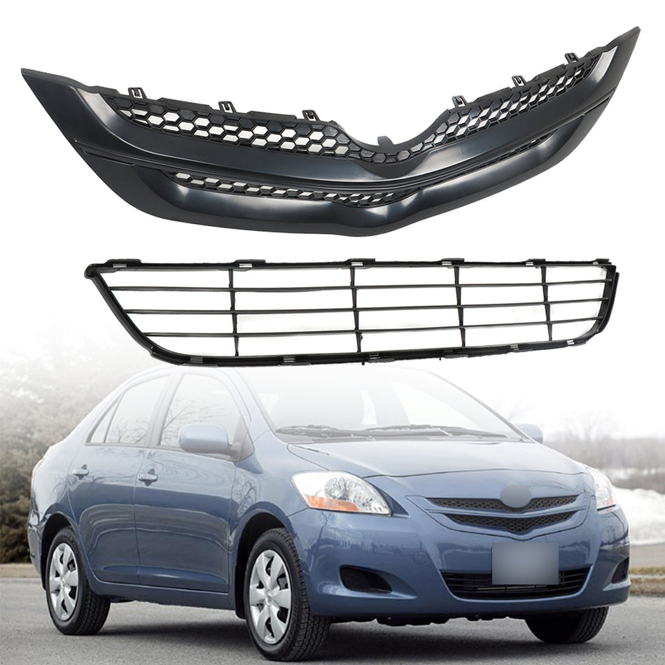 Labwork Front Bumper Upper&Lower Grille Assembly Set For 2007-2008 Toyota Yaris