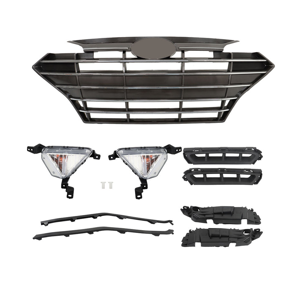 Labwork Front Grille W/ Fog Lights Bracket Molding Set For 19-20 Hyundai Elantra
