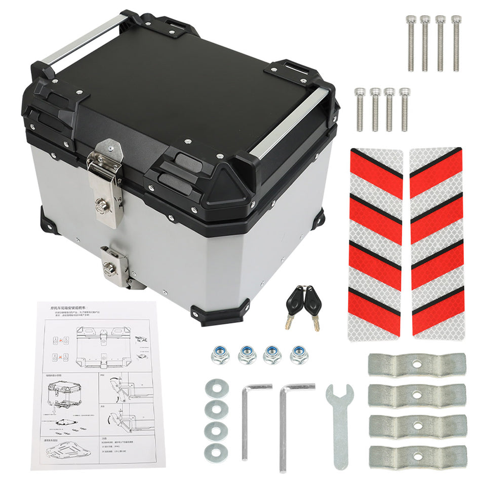 45L Aluminum Motorcycle Top Case Lock Trunk Luggage Tour Tail Box Storage Silver