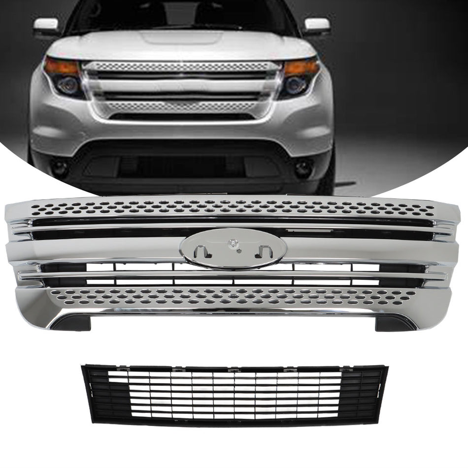 Labwork Front Upper Bumper Grille Assembly Chrome For 2011-2015 Ford Explorer