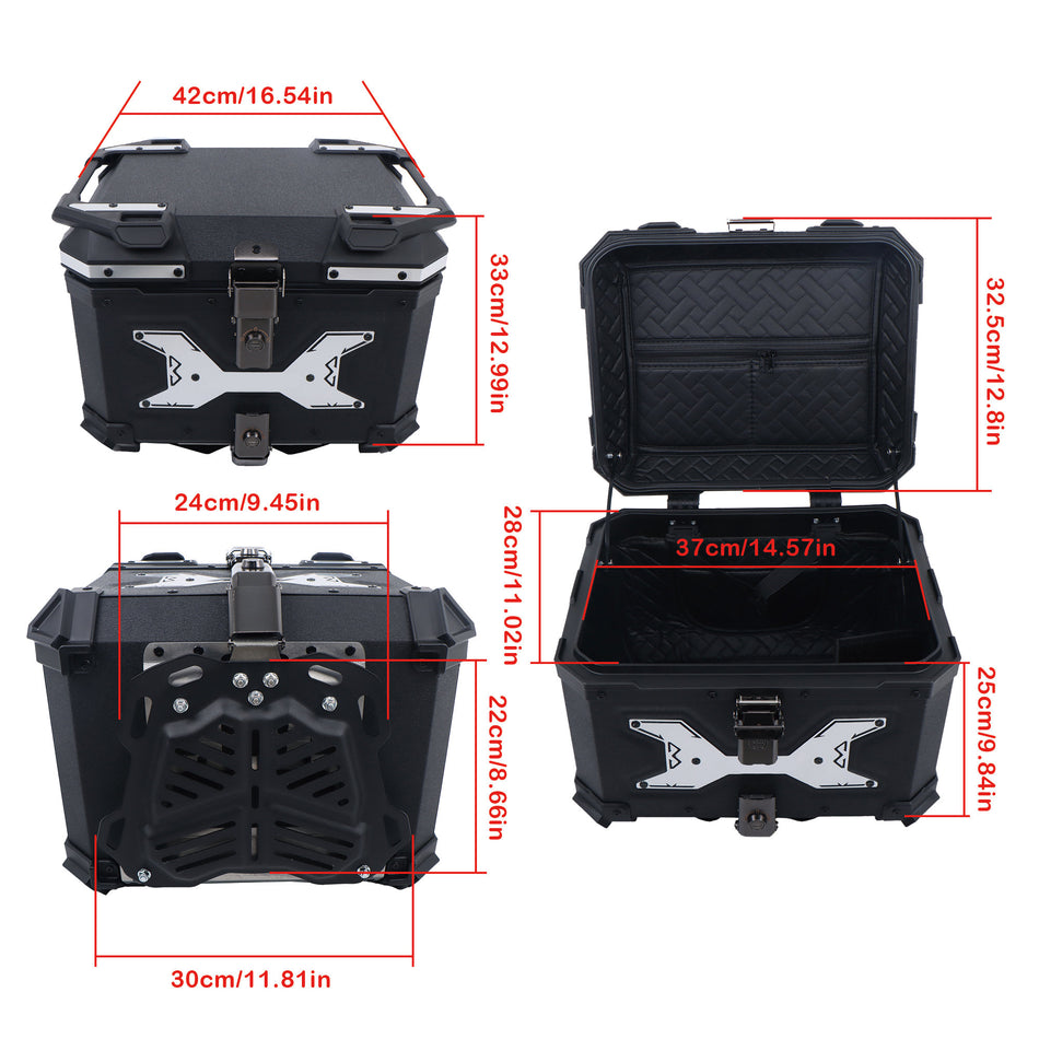 Black 45L Aluminum Motorcycle Top Case Tail Box with Backrest and Mounting Plate