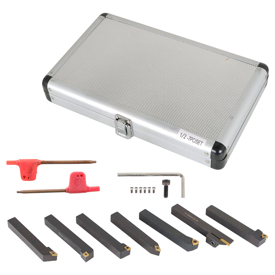 7PC Carbide Indexable Turning Tool 1/2" Lathe Tool Bit Set Thread Insert+Holder