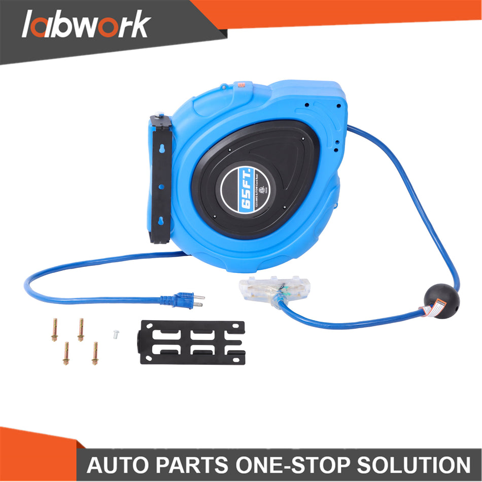 Labwork 65FT 12AWG/3C SJTOW Retractable Extension Cord Reel Power Cord Reel