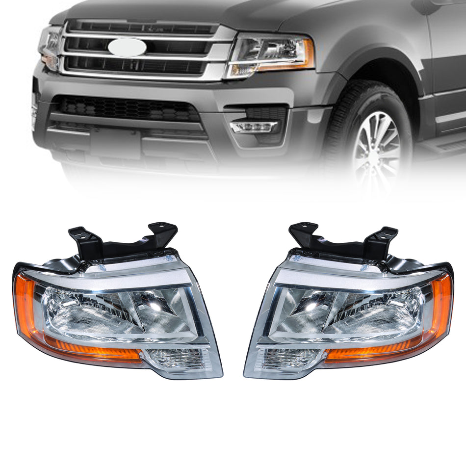 Left Right Side Headlight Assembly Chrome Replacement for Expedition 2015 2016 2017 Headlamps Assembly Replacement for FL1Z13008H FL1Z13008G
