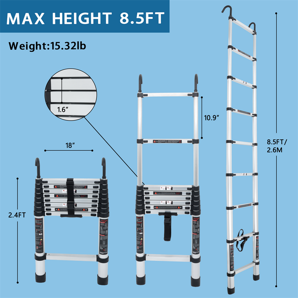 Telescoping Ladder With Hooks & Non-Slip Feet 8.5 FT -Aluminum Telescopic Ladder