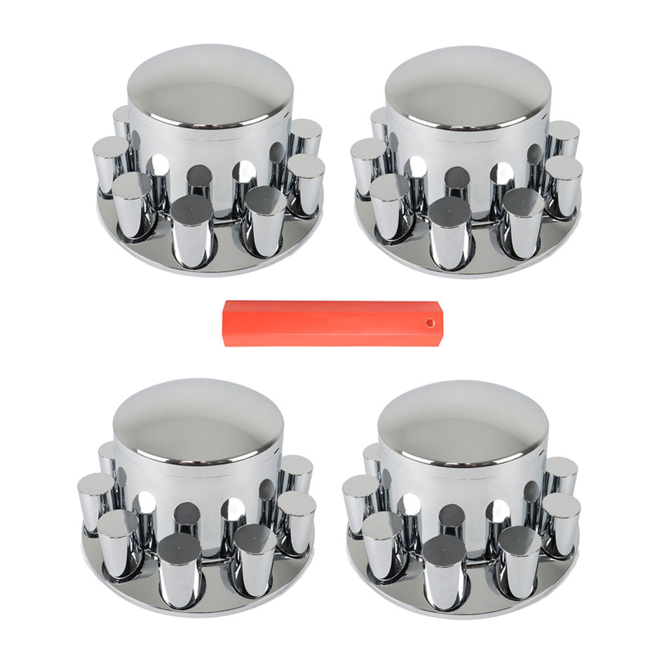 Set of 4 Semi Truck Rear 33mm Chrome Wheel Axle Covers w/ Hub Caps Lug Nuts