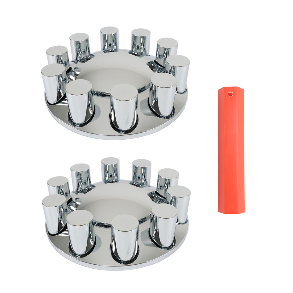 Chrome Semi Truck Front Axle Cover Hub Cap Thread-On w/ 33mm Lug Nuts Set of 2