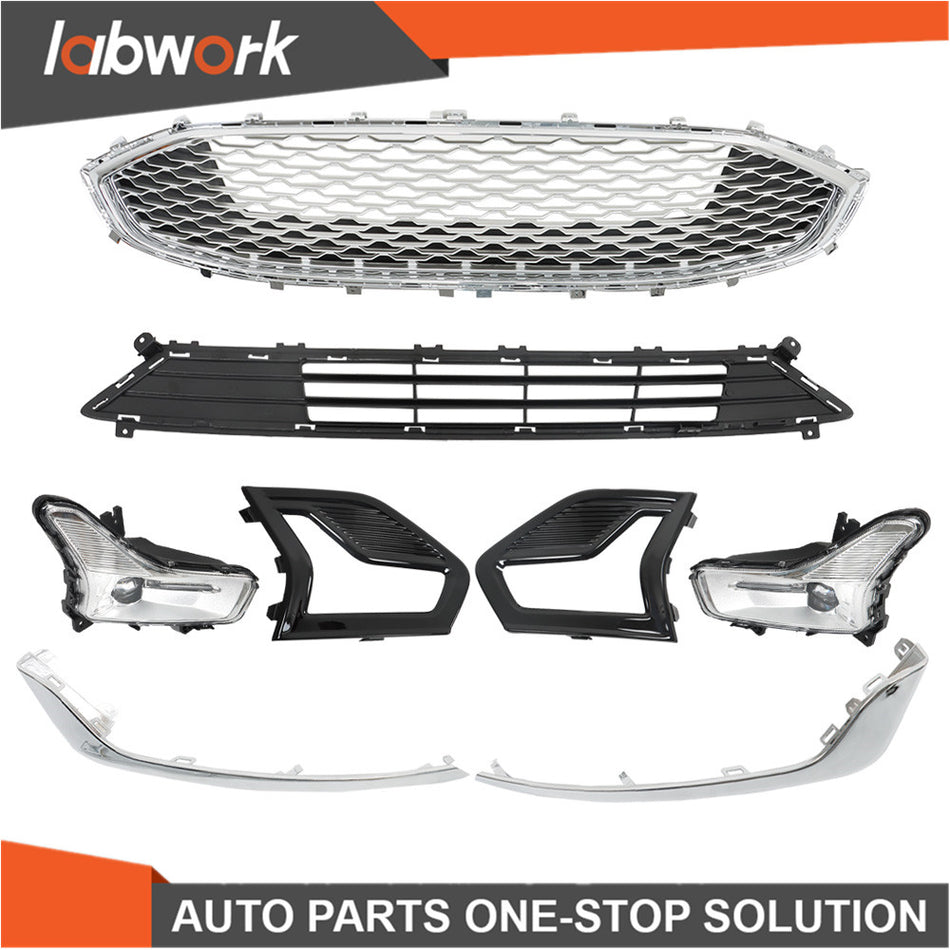 Labwork Front  Upper&Lower Grill w/ Fog Lights & Cover For 2019 2020 Ford Fusion