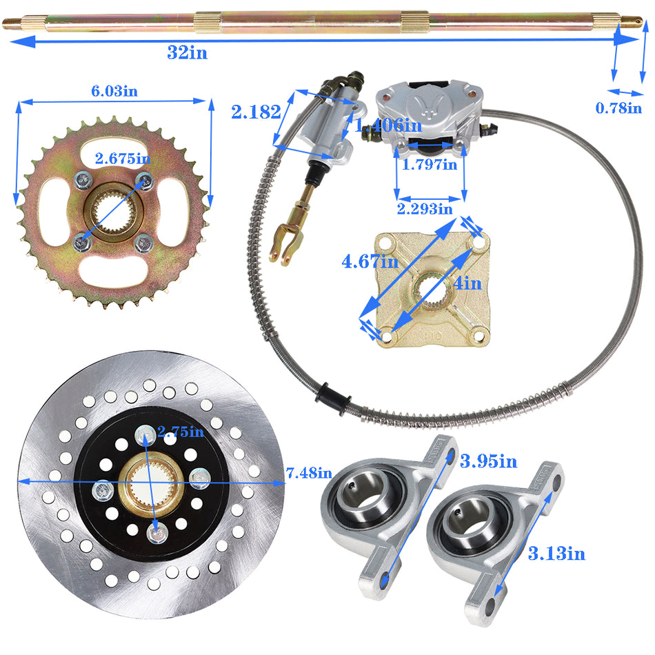 Drift Trike 32" Go Kart Rear Live Axle Kit, Sprocket & Hub, Brake Assembly