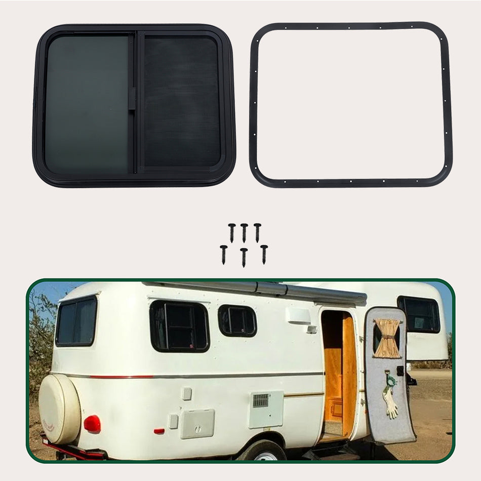 Labwork 24"X 20" Universal RV Window Horizontal Sliding Window w/Trim Ring Black