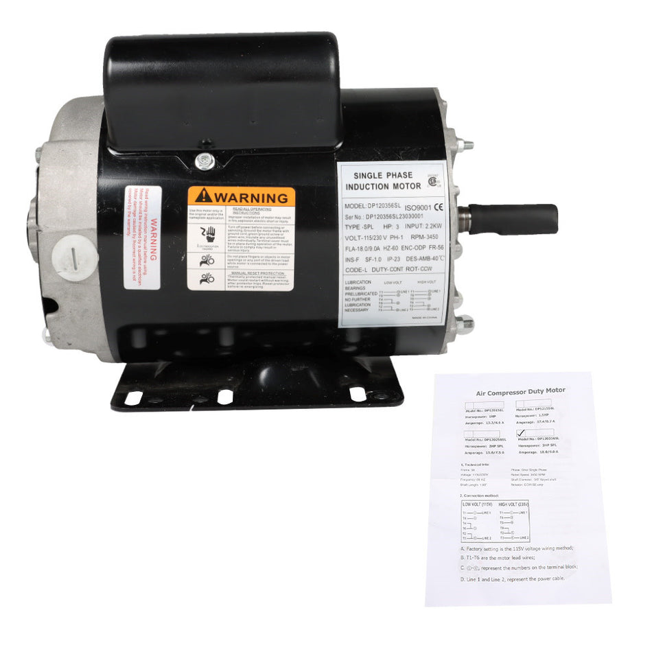 Electric Motor 3 HP 3450 RPM Compressor Duty 56Frame 1Phase 115/230V 5/8" shaft
