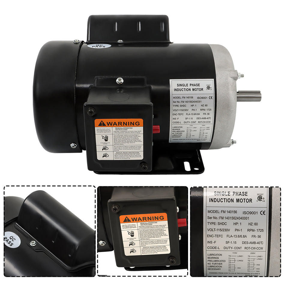 1HP Electric Motor 56 Frame 1 Phase TEFC 1750RPM General Rated 13.6/6.8A