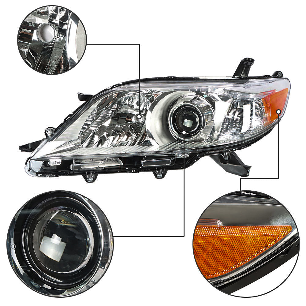 Labwork Headlight For 2011-2013 Toyota Sienna Headlamp Chrome Housing Halogen Type 2 Pcs