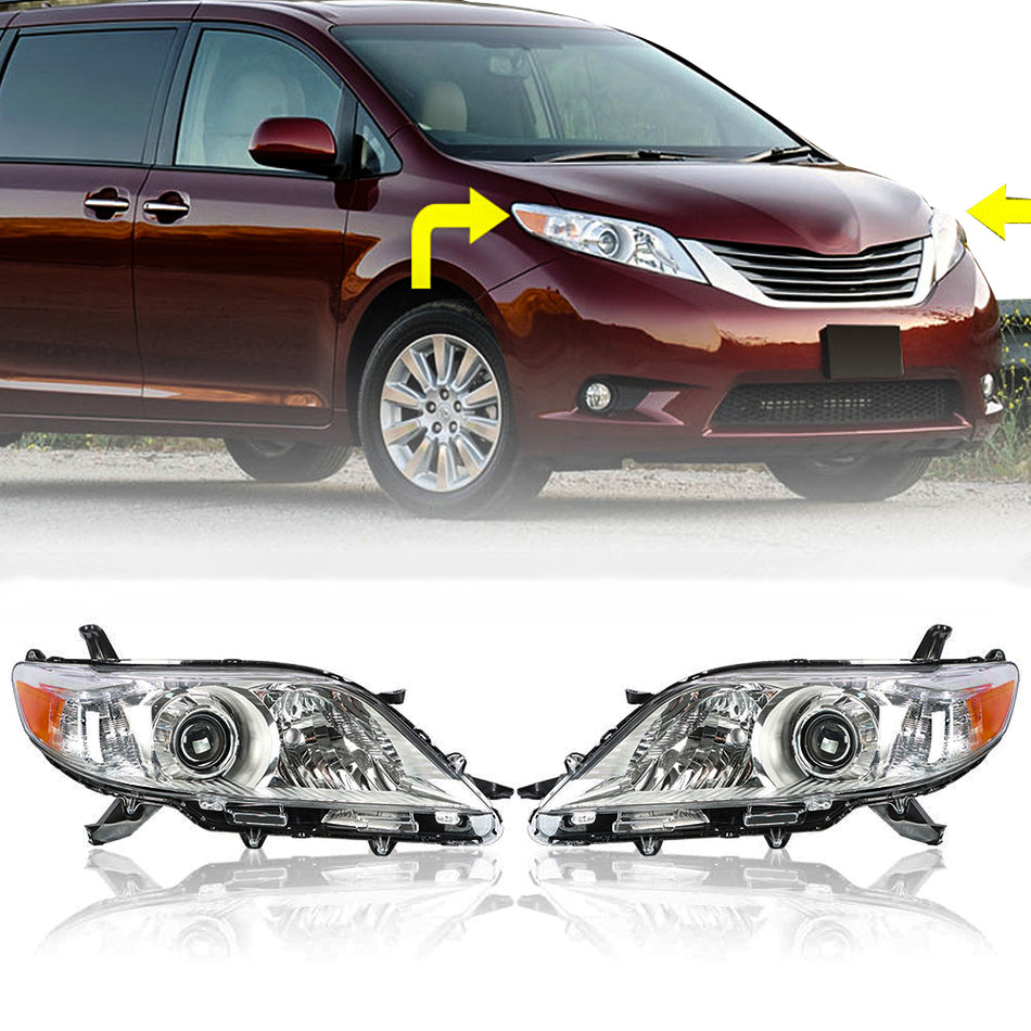 Labwork Headlight For 2011-2013 Toyota Sienna Headlamp Chrome Housing Halogen Type 2 Pcs