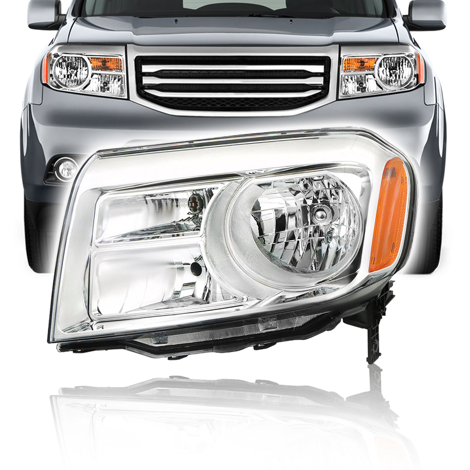 Driver Side Headlights Assembly Halogen Replacement for Honda Pilot 2012-2015 Housing Chrome Lamp LH 1PC 33150-SZA-A11