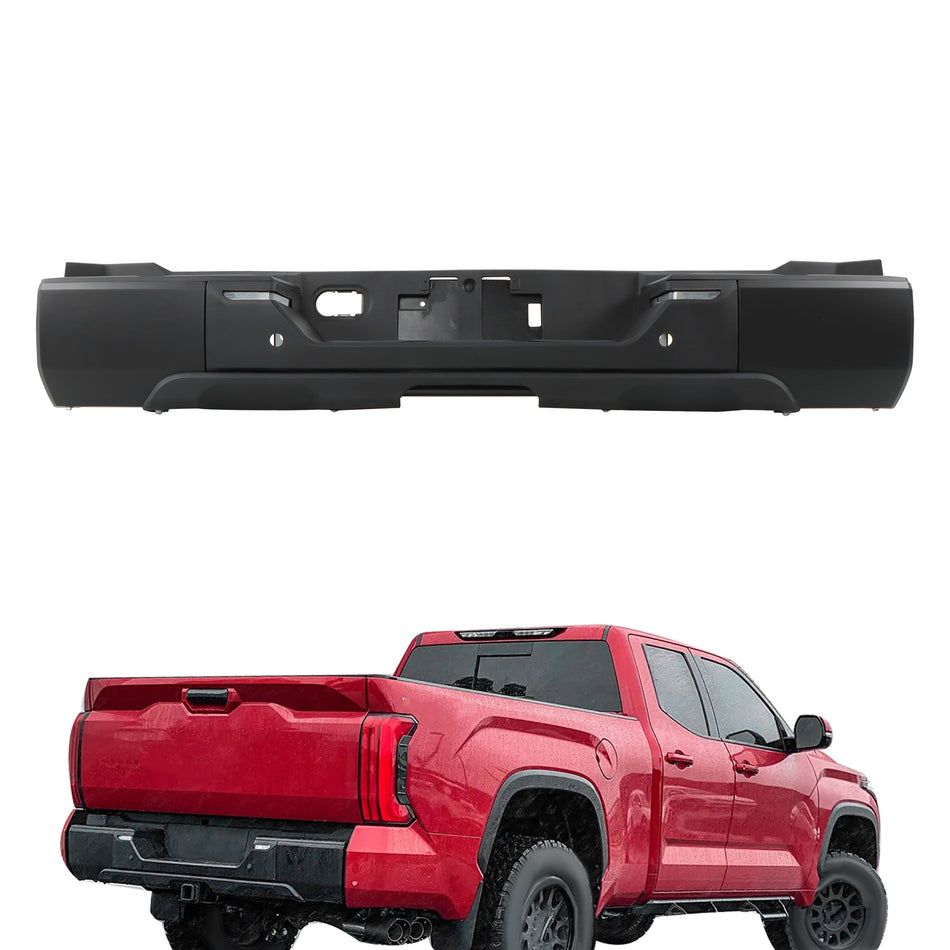 Black Steel Rear Step Bumper Replacement for 2022–2024 Toyota Tundra with Park Assist Sensor Holes, Without Tow Hitch, TO1103140