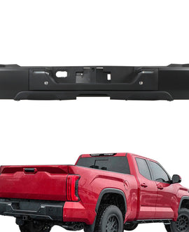 Black Steel Rear Step Bumper Replacement for 2022–2024 Toyota Tundra with Park Assist Sensor Holes, Without Tow Hitch, TO1103140