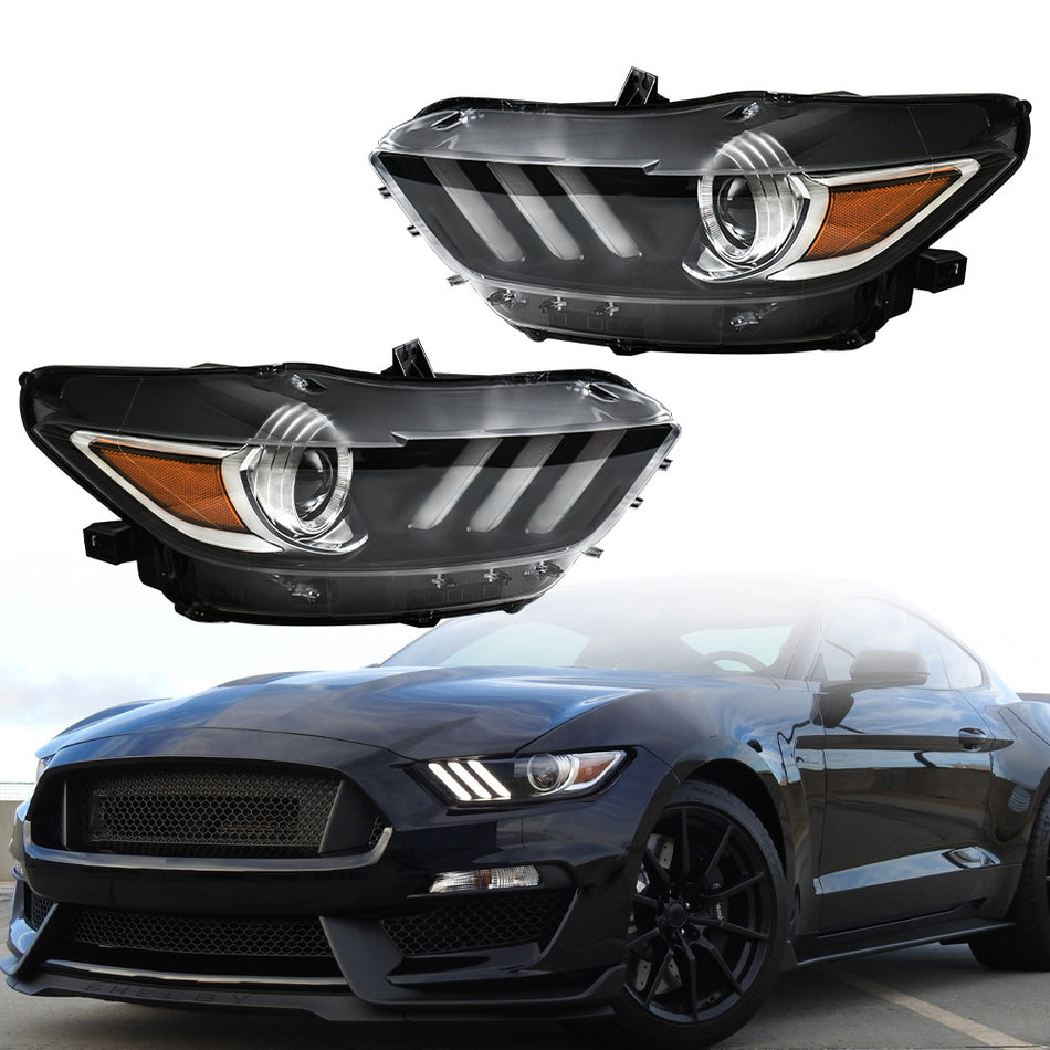 for Ford Mustang 2015-2017 LED Tube HID/Xenon Type Projector Headlight Pair Set